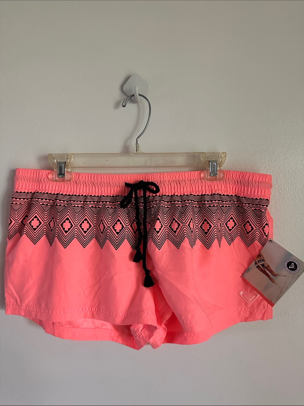 Roxy Neon Coral Swim Shorts with Black Waist Pattern